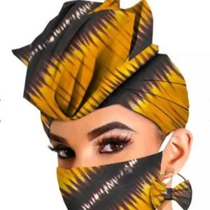 African Print Three Piece Head Wrap with Mask and Earrings
